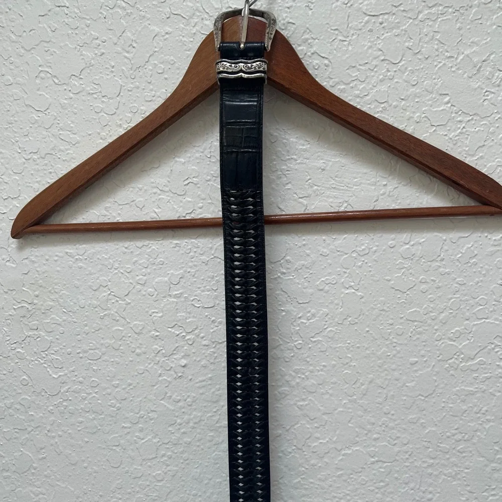 Brighton Black Leather Woven Croc‎ Embossed Belt Silver Engraved Hardware Womens